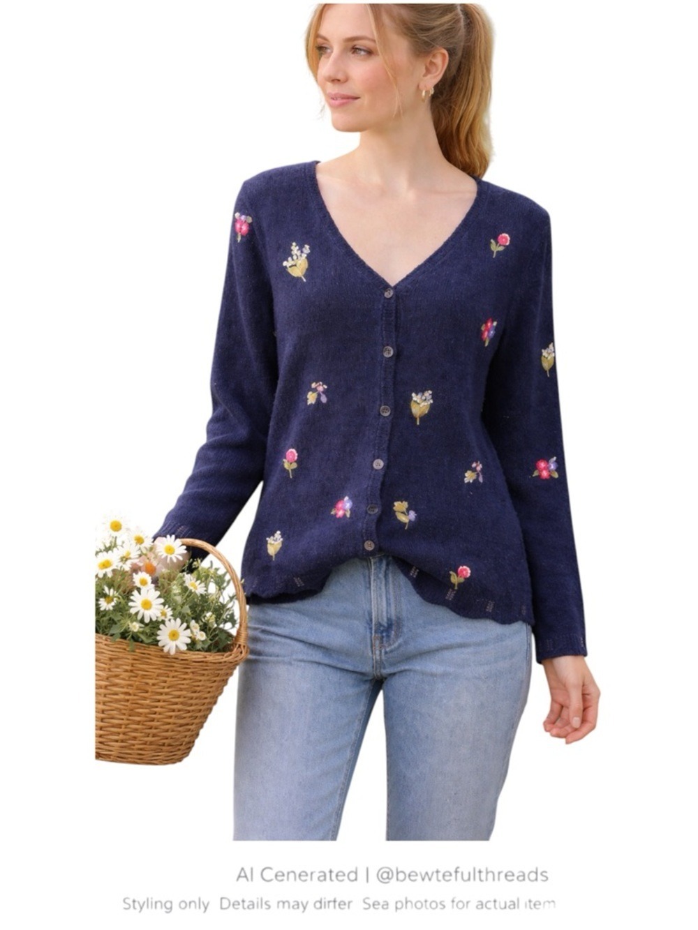 Cottagecore Floral Embroidered Cardigan Navy Grandma Chic Soft Knit L